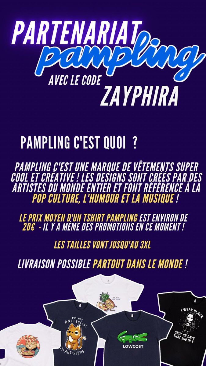 Zayphira_'s tweet photo. ✨Annonce de Partenariat ✨ 

@Pampling_France devient partenaire de la chaîne un grand merci à eux ! 

😱Des vêtements aux designs créés par des artistes du monde entier !

Code : ZAYPHIRA 

✨Pour tout achat : une paire de chaussette OFFERTE ! ✨

✅ https://t.co/AtYyoRtAfy https://t.co/wHhemDQ5EQ