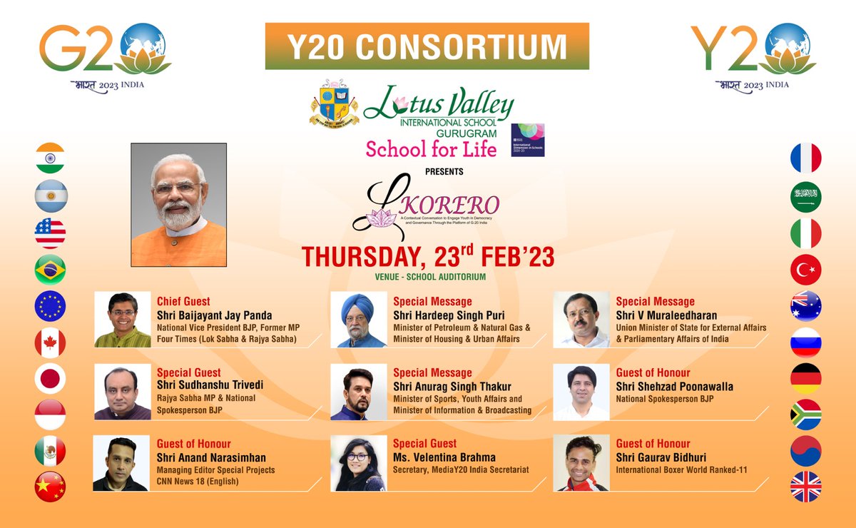 LVISGURUGRAM's tweet photo. G-20/Y-20 Consortium in collaboration with #LVISG brings forth Lotus Korero’23: A Contextual Conversation to engage the youth in democracy and governance on 23rd Feb 2023, at Lotus Valley International School Gurugram’s Auditorium from 9:00 am till 4:00 pm. https://t.co/FMGkuCPHwy