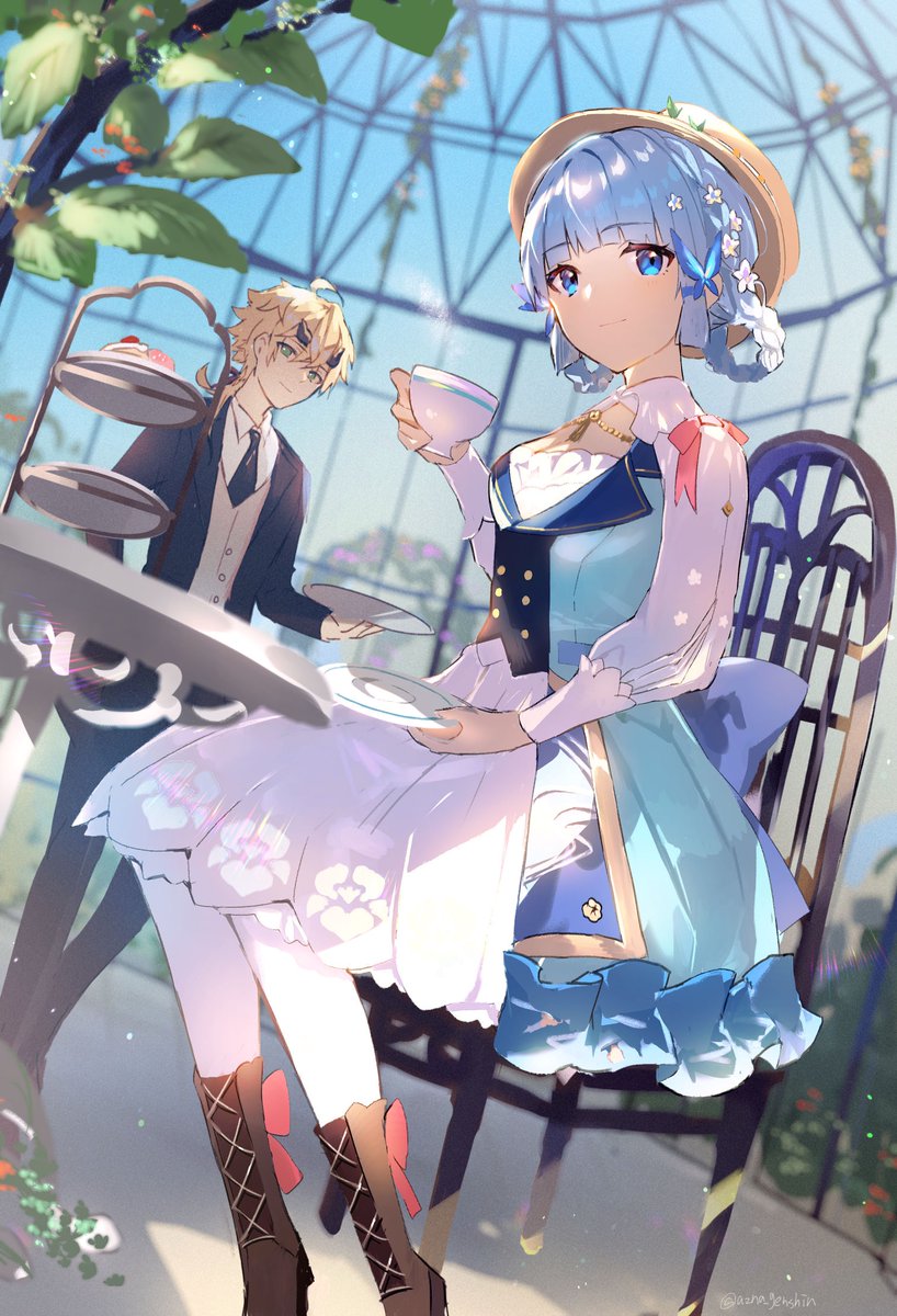 kamisato ayaka 1girl 1boy blue eyes teacup cup blonde hair sitting  illustration images