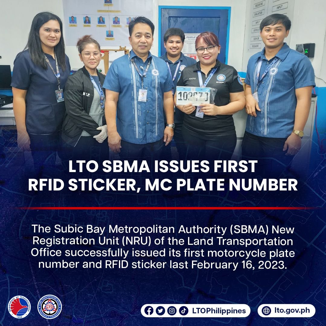 LTOPhilippines's tweet photo. THE Subic Bay Metropolitan Authority (SBMA) New Registration Unit of the Land Transportation Office successfully issued its first motorcycle plate number and RFID sticker last February 16, 2023.
Read more -> https://t.co/HtFki9xJkD
#LTOPH
#LTOPhilippines
#DOTrLTO
#WorkingLTO https://t.co/Fr9rNE9jvi