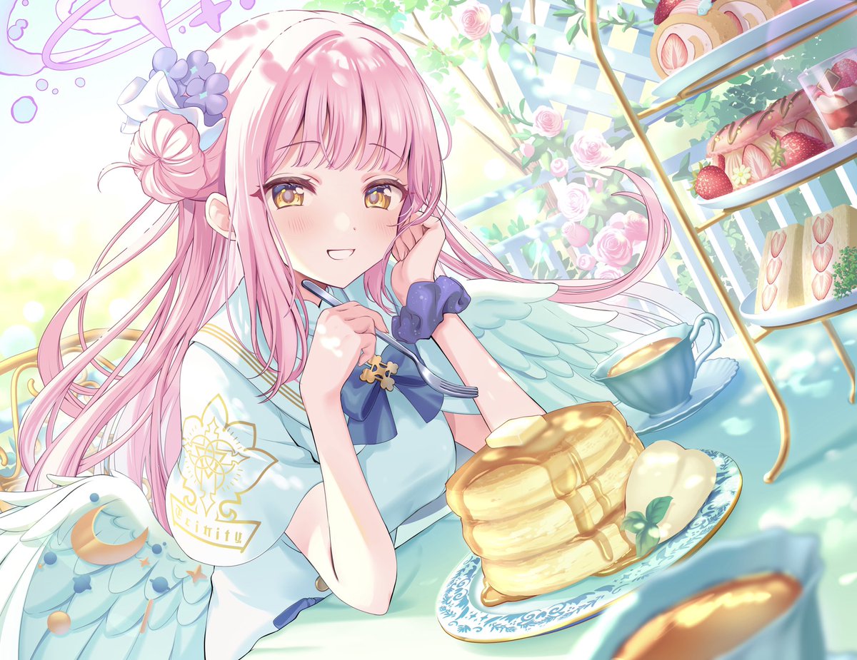 mika (blue archive) 1girl food cake wrist scrunchie pink hair wings scrunchie  illustration images