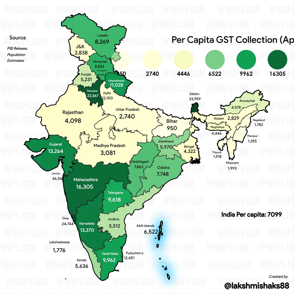 Thanks to <a href="/indiainpixels/">India in Pixels by Ashris ⚡️</a> and <a href="/vischavin/">Vishal Chaturvedi 🇮🇳</a> 

Computed the per-capita GST collection to provide how much consumption population in each state does. An alternative indicator of income and wealth.

(All figures in Rs)