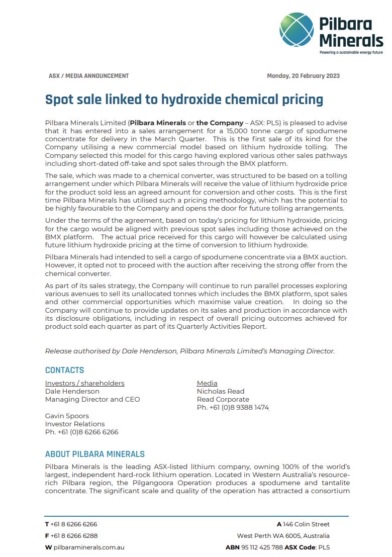 This reads to me as a gamble from the buyer that LiOH prices will fall below LiOH-equivalent spodumene prices, and a gamble from Pilbara on the reverse. It also suggests that had a BMX auction proceeded it might have surprised the market (to the downside, perhaps significantly)