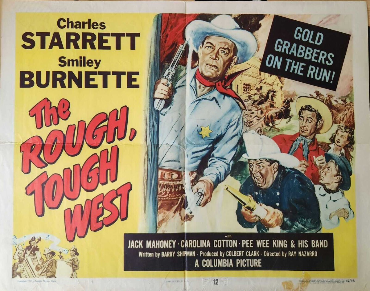 BwesternsOnTV's tweet photo. THE ROUGH, TOUGH WEST (Columbia, 1952) Charles Starrett (as The Durango Kid), Smiley Burnette, dir. Ray Nazarro

The Durango Kid finds out that his friend is illegally commandeering the mines and claims of others. 54 min.

Tuesday 2/21 2:30 AM ET on GRIT @grit_tv #DurangoKid https://t.co/teyu6Nddot
