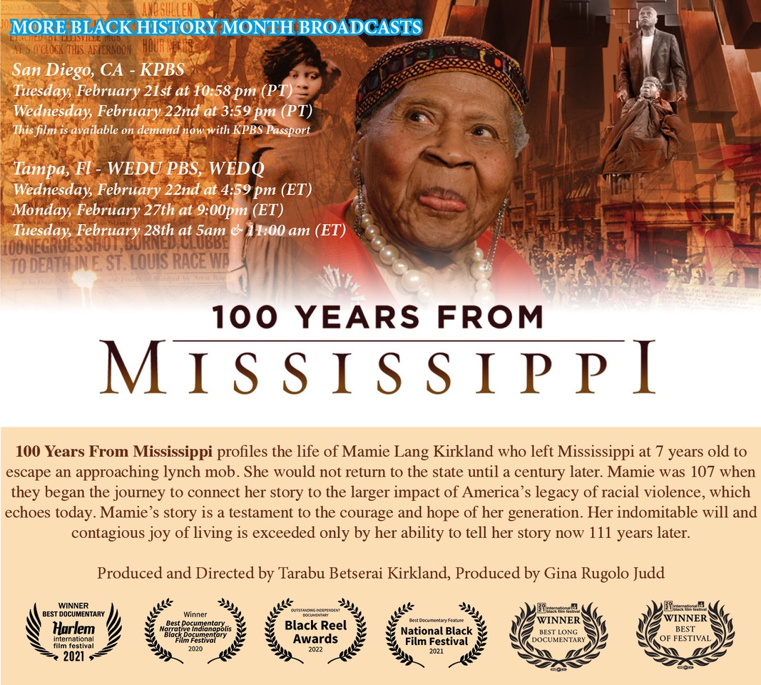 100Mississippi's tweet photo. More @100Mississippi public television broadcasts: #SanDiego, CA: @Budawg Kirkland's award-winning film: @KPBS TUE 2/21 @ 10:58pm &amp; WED 2/22 at 3:59 pm (PT)
#Tampa, FL: @wedupbs WED 2/22 @ 4:59 pm, MON 2/27 @ 9pm; TUE 2/28 @ 5am &amp; 11am (ET)
More info:https://t.co/H8rNsGFq4y https://t.co/QKyHO8Z6Dr