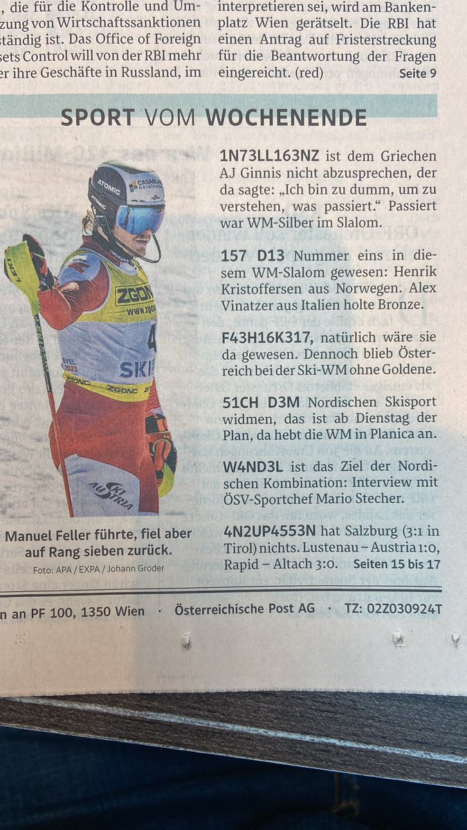 martinpasching's tweet photo. Druckfehler oder Rätselaufgabe vom heutigen @webstandardat ? Oben passt mal “Intelligenz”… #derstandard #sportamwochenende #derstandardat https://t.co/b3TUm8u9Q4