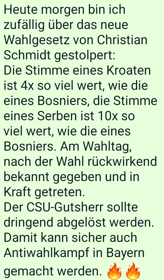 @ABaerbock 

<a href="/janboehm/">🚫⛔️jAaj Bä¶Ã¶l&&rma!nN 💩</a> hat sich wieder selbst übertroffen!

Gestützt von <a href="/Markus_Soeder/">Markus Söder</a> und den Amigos aus der <a href="/CSU/">CSU</a>
darf #ChristianSchmidt als der Hohe Repräsentant für Bosnien und Herzegowina nach Gutsherrenart arbeiten.

"Dreiklassenwahlrecht" einführen nach der Wahl für Wahl