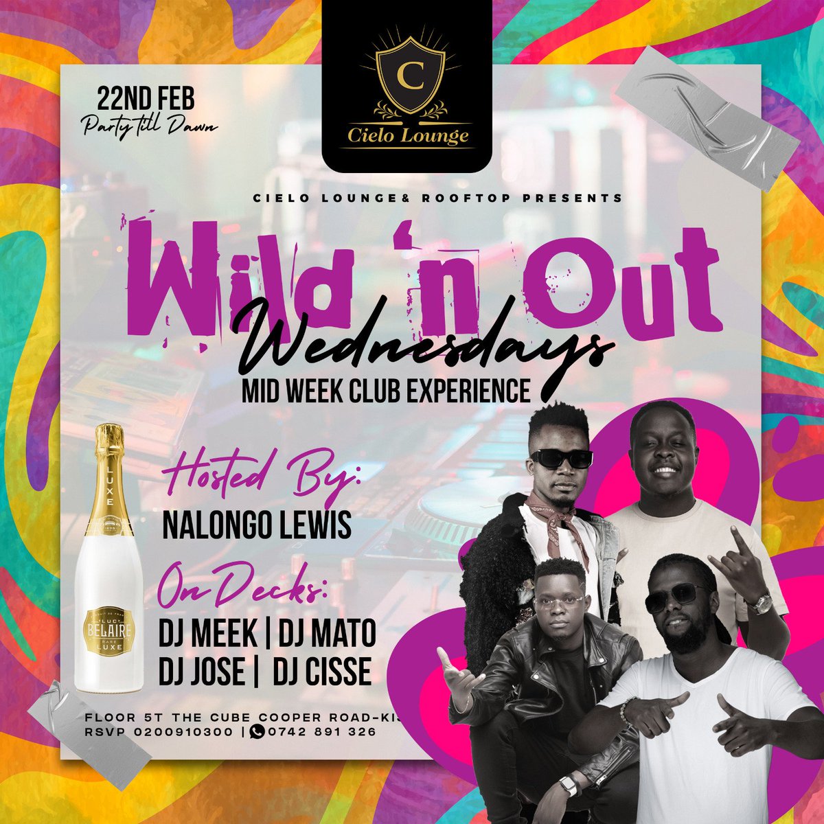 KTravorS's tweet photo. Have you been to a night hosted by a whole Nalongo?🤔
NO? 😔
Okay.😊
Starting this week you will be Wild n Out every Wednesday at @cieloloungeug with @LewisNalongo, @mato_djy, @cissethedeejay, @djjose256 &amp; DJ Meek.🕺

#WildnOutAtCielo 
#WildnOutWednesdays https://t.co/CpsHGuoBgn