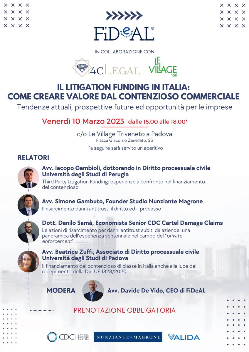 Dr Danilo Samà will speak at the conference “Litigation funding in Italy: how to create value from commercial litigation” on Friday 10 March 2023 in Padua, Italy. Participation (in presence / online) is free and registrations are open at eventbrite.it/e/biglietti-il…. <a href="/danilosama/">Danilo Samà</a>
