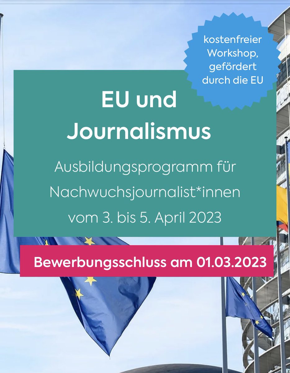Übrigens: Das Europäische Parlament startet eine #Fortbildung für junge Journalist*innen zu EU-Themen und der #Europawahl 2024. Erstes Modul vom 3. bis 5. April 2023 in Essen, zweites im EU-Parlament in Brüssel oder Straßburg. Infos und Bewerbung bis 1. März 2023.👇