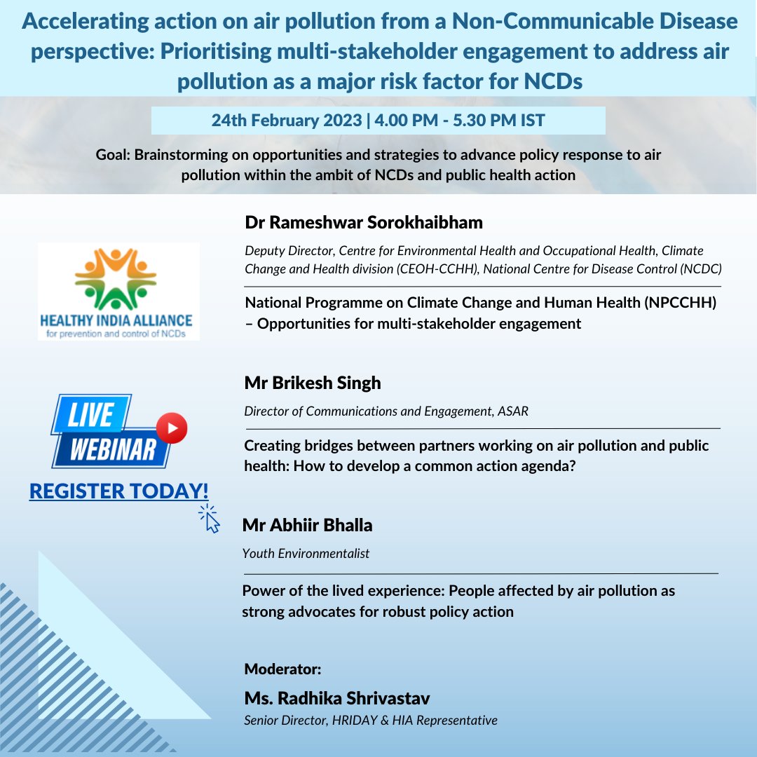 Healthy India Alliance (@hia_ncd) on Twitter photo <a href="/HIA_NCD/">Healthy India Alliance</a> has a #multistakeholder panel for the webinar on accelerating action on #AirPollution from #NCD lens and brainstorm on opportunities to advance policy response to address air pollution on 24 February, 4 PM- 5:30 PM IST via Zoom.
Register here: bit.ly/3EcBcP6 <a href="/HIA_NCD/">Healthy India Alliance</a> has a #multistakeholder panel for the webinar on accelerating action on #AirPollution from #NCD lens and brainstorm on opportunities to advance policy response to address air pollution on 24 February, 4 PM- 5:30 PM IST via Zoom.
Register here: bit.ly/3EcBcP6