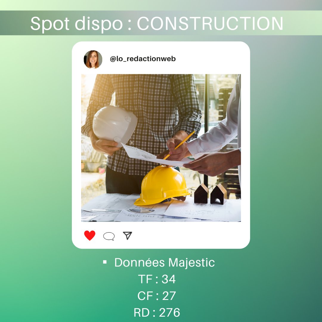 lo_redactionweb's tweet photo. 🔗Vente de Lien🔗
.
Bonjour😀
Aujourd'hui, je propose un site sur la CONSTRUCTION
.
▪️ Données Majestic
TF : 34
CF : 27
RD : 276
.
Je rédige l'article et j'insère votre lien.
▪️ Prix : 35€
.
N'hésitez pas à m'écrire
.
.
#backlinks #backlinkstrategy #backlinksforseo #backlinkseo https://t.co/Z0T0xiqLkI