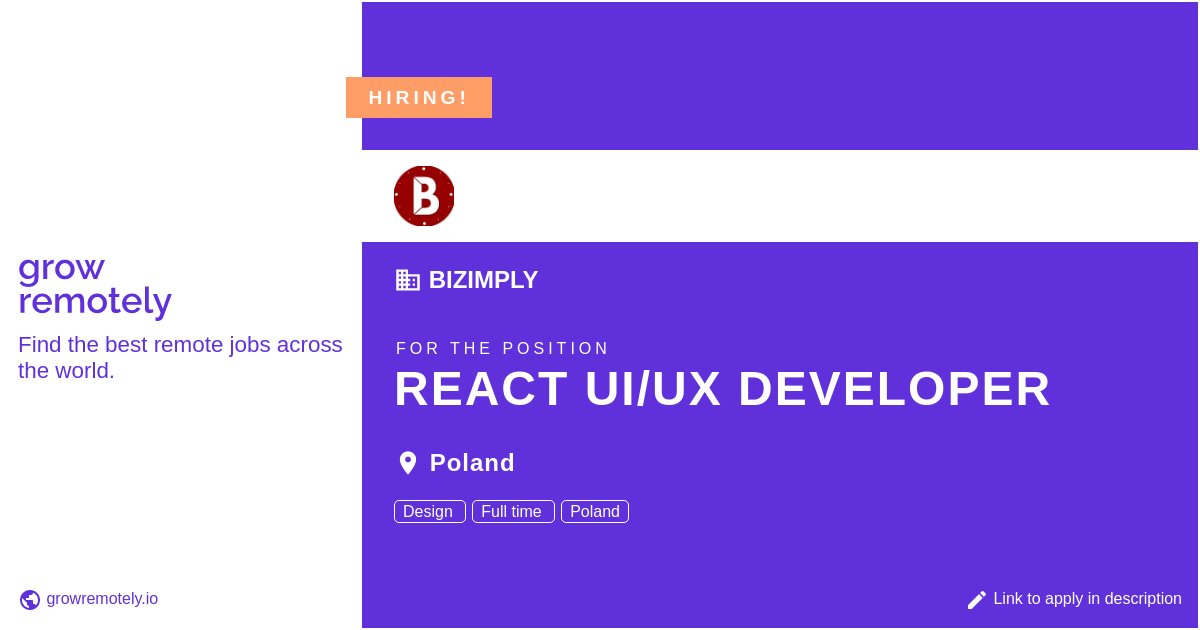 Check out this job at Bizimply for the position React UI/UX Developer.

 Apply link: growremotely.io/?id=63f2bc2c99…

#hiring #remotejobs #Bizimply #Design