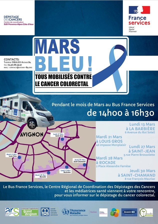 CRCDC_SUD_PACA's tweet photo. 🔵 MARS BLEU 🔵

👉Au programme dans le 84 :
Le Bus France Services, le Centre Régional de Dépistage des Cancers ainsi que la CPTS Grand Avignon viennent à la rencontre des habitants les après-midi de mars pour informer, échanger et sensibiliser à l'importance du dépistage 💌 https://t.co/3M0tltu2ej