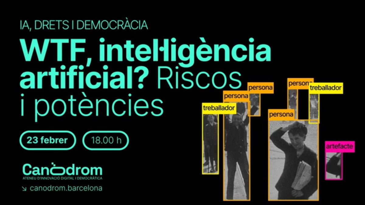 La #Intel·ligènciaArtificial (#IA) està present a tots els debats. 

Però, què en sabem, d'aquesta tecnologia❓ Quines són les seves principals potencialitats i els seus principals biaixos❓

Val la pena reflexionar-hi: 
🗓️ 23/2
📍 <a href="/CanodromBCN/">Canòdrom -Ateneu d'Innovació Digital i Democràtica</a> 
ℹ️ via.bcn/pEX250MV7w1