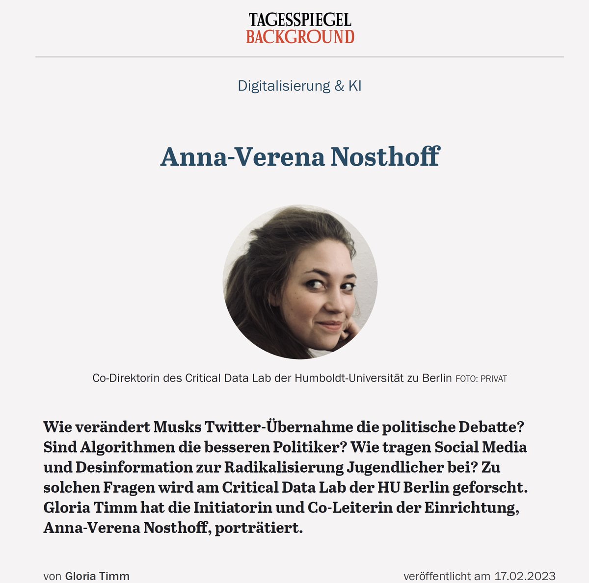AnnaNosthoff's tweet photo. Gloria Timm vom @TspBackgroundDi hat mit mir gesprochen – es geht um unsere Projekte am @criticaldatalab, die gemeinsame Arbeit mit @fmaschewski, Frank Schirrmacher, Snowden &amp; Cambridge Analytica. Herzlichen Dank: https://t.co/yLfS0BgDDZ https://t.co/vncV9gE1hX