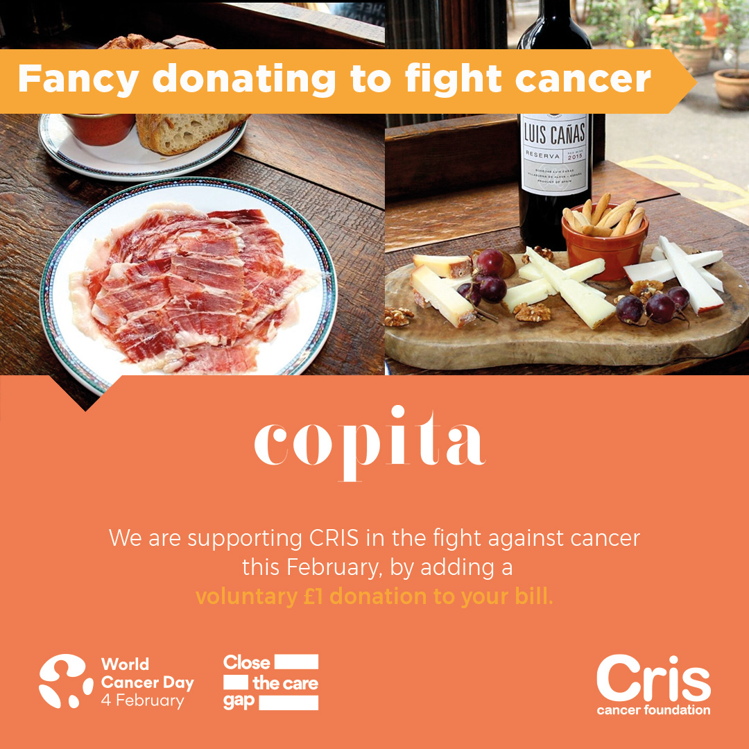 Copita Soho has partnered with CRIS for the whole month of February to raise funds for lifesaving #CancerResearch. Your small contribution will make a BIG difference. Visit our website to see the other restaurants taking part ow.ly/2HBr50MFA6Y #WorldCancerDay