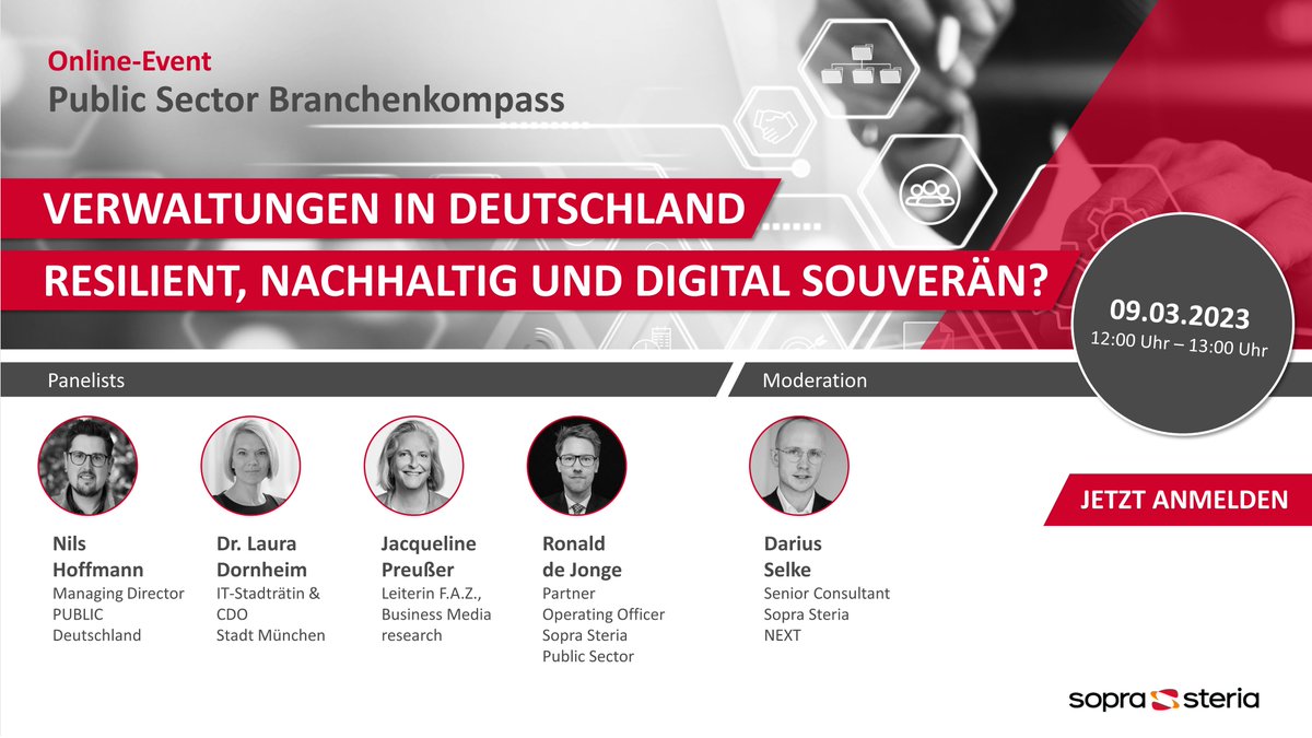 SopraSteria_de's tweet photo. Wie fit sind Deutschlands Verwaltungen für die Zukunft? Diskutieren Sie u.a. mit @ncfhoffmann, @schwarzblond & @ronline4U bei unserem Online-Panel am 9.3. von 12-13 Uhr. Hier kostenlos registrieren: https://t.co/le8AM8L5Hl #PublicSector #TeamDigitalEurope #soprasteria https://t.co/lH5dlN48I1