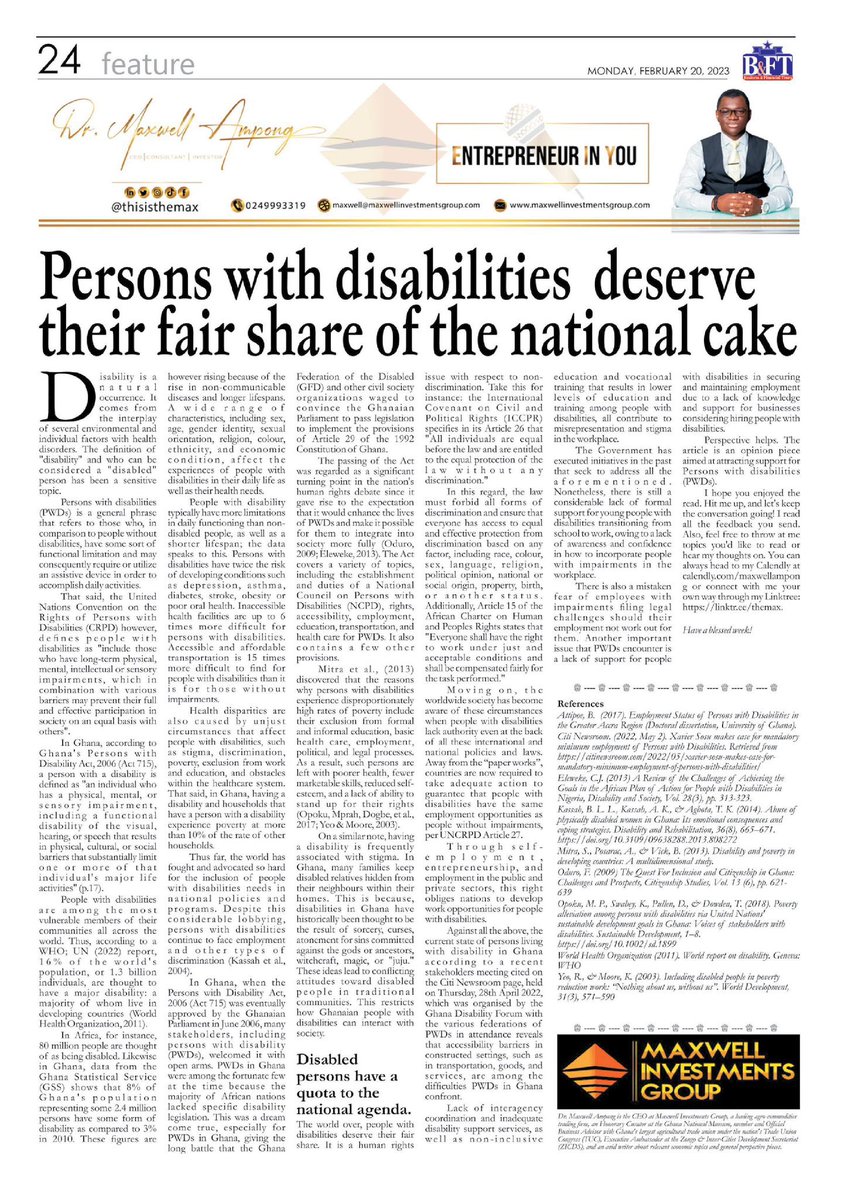 maxwell_inv's tweet photo. The world has fought and advocated so hard for the #inclusion of people with disabilities’. Despite this, persons with disabilities continue to face discrimination.
Read more in today’s Business &amp; Financial Times. Or click here for the full article 👉 https://t.co/lQwieCsZBW https://t.co/nfH55dIHV9
