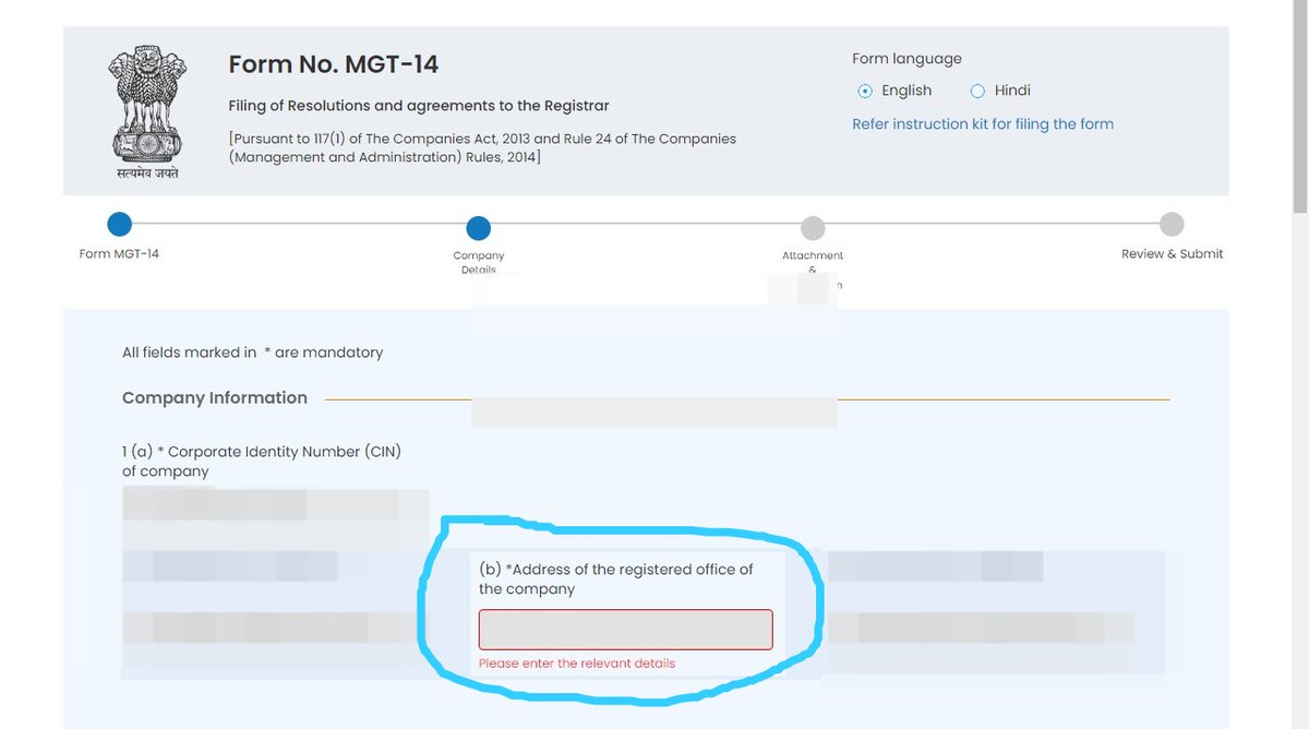 MeghaTrivedi28's tweet photo. Address is not prefilling at the time of filing of form MGT-14 form from Company's business user id and error is getting that please enter the relevant details. screenshot is attached herewith. please look intoit. MCA ticket raised-FO_20230217536034 
@MCA21India @HelpdeskMCA21V3 https://t.co/yQiicOHiZF