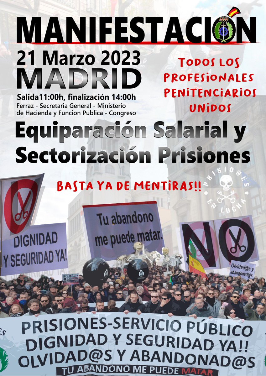 tu_abandono's tweet photo. 📣 SALIMOS A LA CALLE‼️

El 21 de Marzo a las 11 A.M en Madrid se iniciará en Ferraz, sede del @PSOE, nuestra MANIFESTACIÓN por La Equiparación Salarial y la Sectorización en Prisiones

Es la Hora de TODOS los Profesionales Penitenciarios!

BASTA YA DE MENTIRAS‼️

VENTE‼️

#TAMPM https://t.co/02USBtFehc