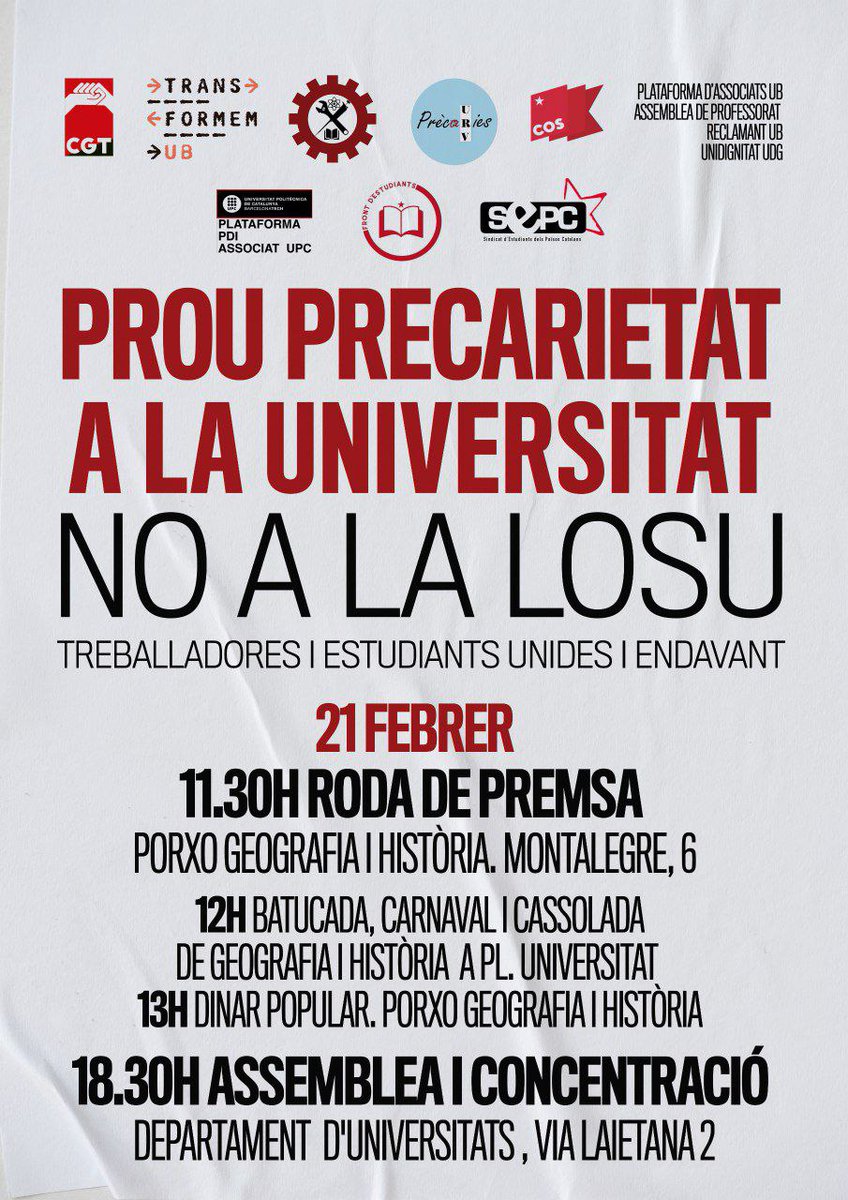 TransformemUB's tweet photo. 📍Demà 21Feb sortim al carrer en defensa de la Uni Pública 🧵
🔥 Mani davant la Conselleria d'Universitats a les 18:30
#LosuNo 
#ProuPrecarietat https://t.co/hgR5QrW9cJ
