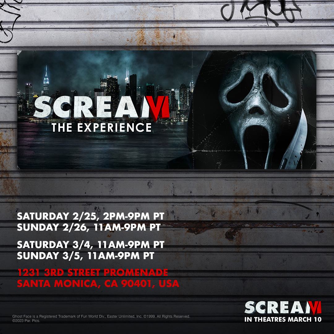 This is a #ScreamVI experience to die for. Walk through the city that never sleeps where you can get up close and personal with the new and legendary props from the Scream franchise. Maybe you'll even get a call from me. Reserve your tickets now: screammovie.com/screamexperien…
