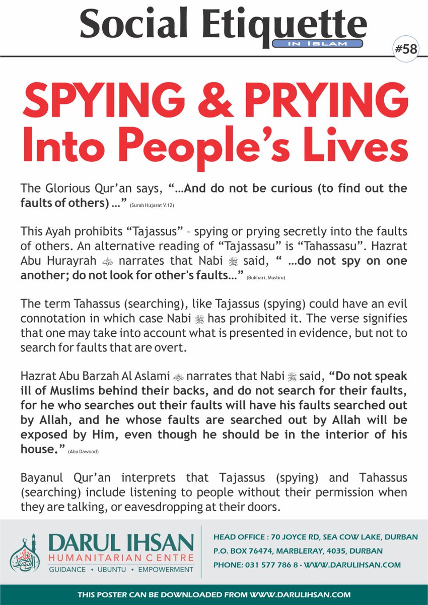 discdbn's tweet image. 🔹 Social Etiquette In Islam🔹
By Darul Ihsan Centre

✨ Spying And Prying Into People&apos;s Lives

#SocialEtiquette #Spying #Prying #PrivateLives #Sin #Islam #DarulIhsan