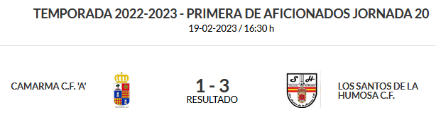 Buen momento de <a href="/LosSantosCF2017/">Los Santos CF</a> que venció por 1-3 a <a href="/CamarmaCF/">Camarma C.F.</a> 
Rober,Benja y Juan Rojo,los goleadores Santeros en un partido que al descanso parecía finiquitado.

Pendiente de apelación por los 3pts perdidos en Alcobendas el conjunto de Los Santos se vuelve a meter en la pelea