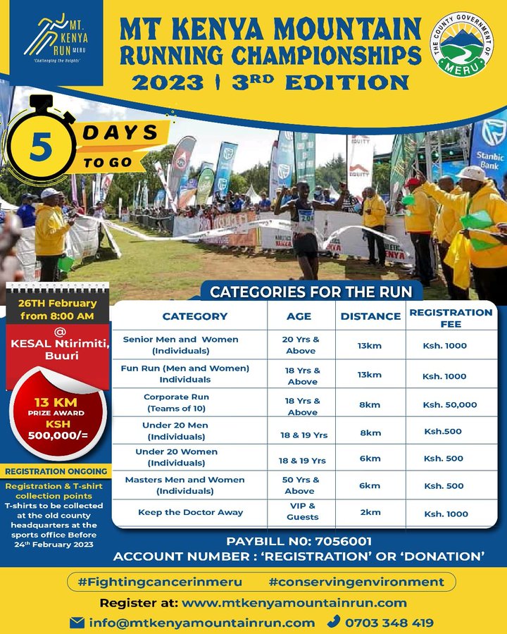 This Saturday 26th February lets all rally behind <a href="/MtKenyaRunMeru/">Mt. Kenya Mountain Running Championship</a> <a href="/Meru_county/">Meru County</a> <a href="/HonMwangaza/">Kawira Mwangaza</a> in their effort towards Cancer disease.