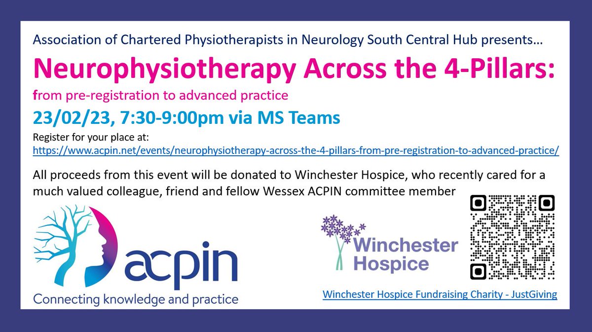 Last little plug for our online event on Thursday evening. We will be donating the proceeds to <a href="/WinchHospice/">Winchester Hospice</a> who recently cared for a much valued colleague, friend &amp; Wessex ACPIN committee member <a href="/Nickyellis25/">Nicky Ellis</a>. A fitting topic given her passion &amp; advocacy for all things neuro PT