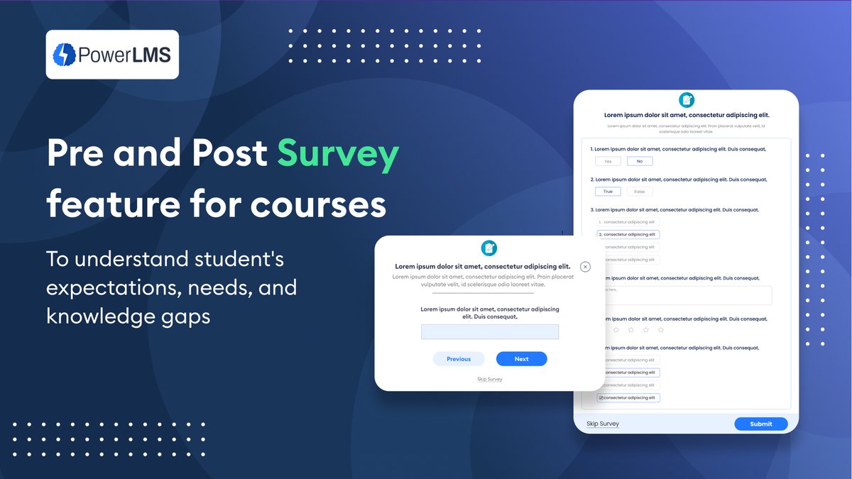 lmsscript's tweet image. New feature update!🆕PowerLMS🎉
📄 Pre and Post Survey feature for courses:
It will allow instructors to gather valuable feedback from students about their expectations & experiences before & after taking a course.
#Lms #eLearning #survey #coursesurvey #Update #feature