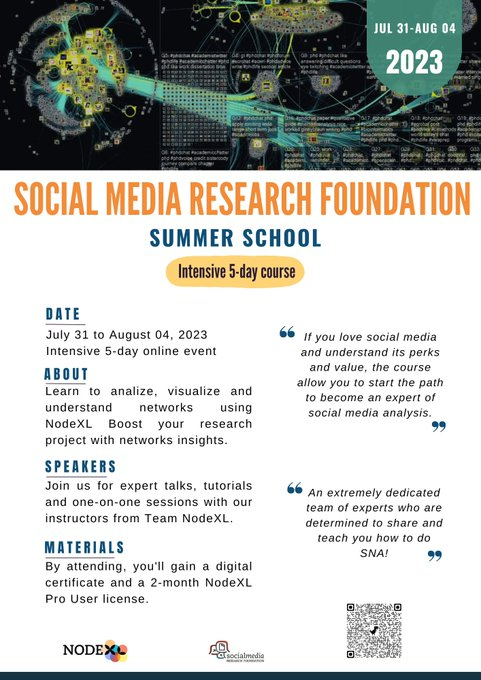 NodeXLAcademy's tweet photo. We're back this summer!

2023 Summer School: social networks &amp; NodeXL Pro - a few clicks to insights

https://t.co/NnW3u6SKXz

Featuring @Marc_Smith, @DigitalSpaceLab, @Verukita1 &amp; many more! 

#phdchat #nodexl #summerschool https://t.co/8Snfb4JIHV