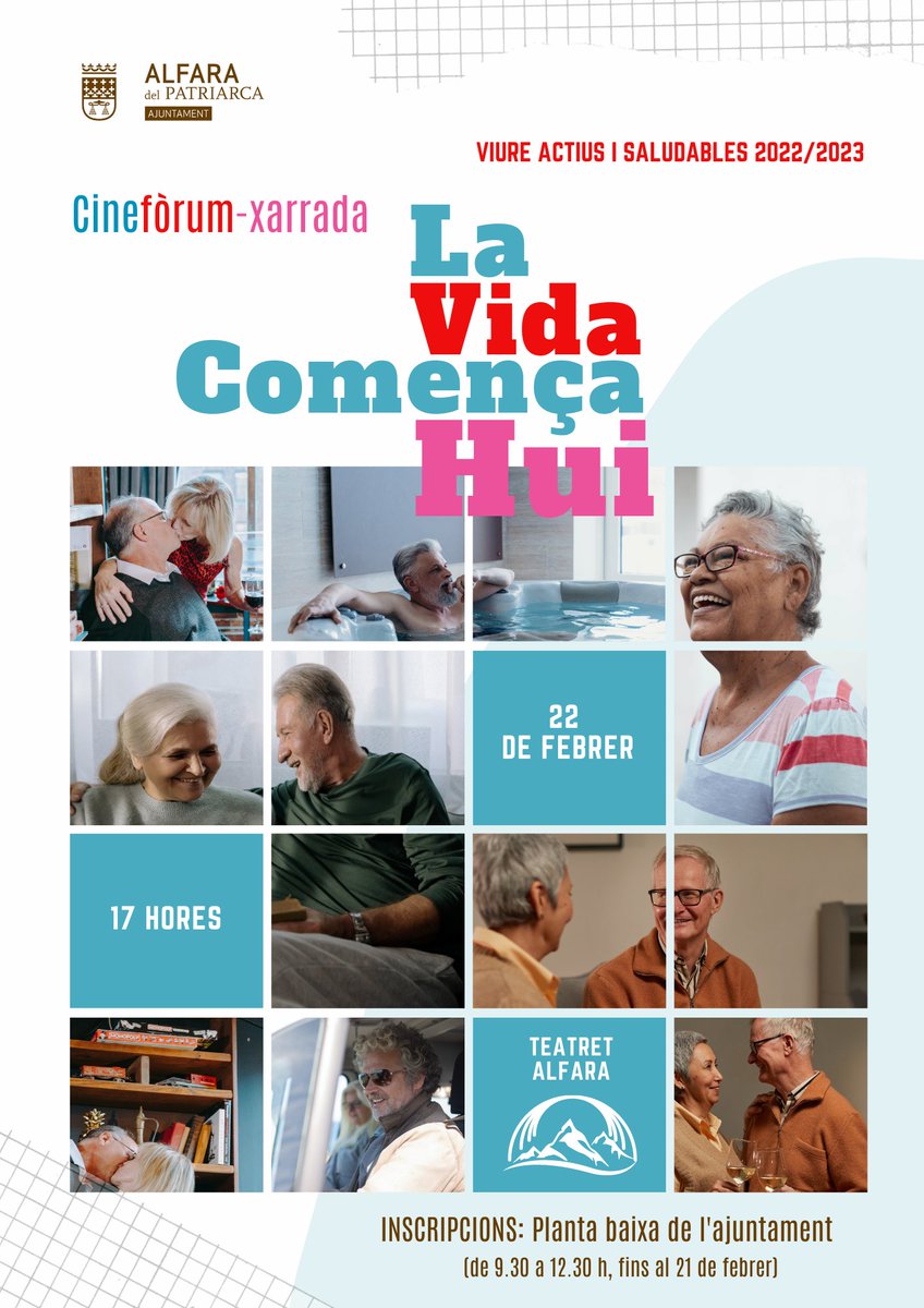 Alfarajuntament's tweet photo. 📽️ El 22 de febrer a les 17 h al Teatret tindrà lloc un Cinefòrum de la pel·lícula ‘La vida empieza hoy’. Aquesta és una comèdia coral sobre els desitjos i preocupacions d’un grup de persones de la tercera edat. 🗣️ A més, una especialista oferirà una xarrada. https://t.co/77ZENH4vO7