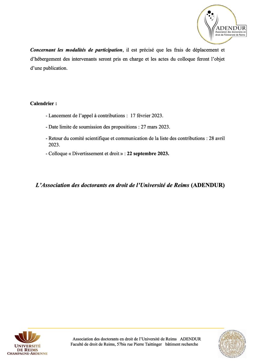 📣Appel à contributions📣

L'Adendur organise son prochain colloque sur le thème "Divertissement et droit" le 22 sept 2023, à Reims. Oui, faire du droit en s'amusant, c'est possible... 

Nous attendons vos contributions avant le :
🗓️ 27 mars 2023