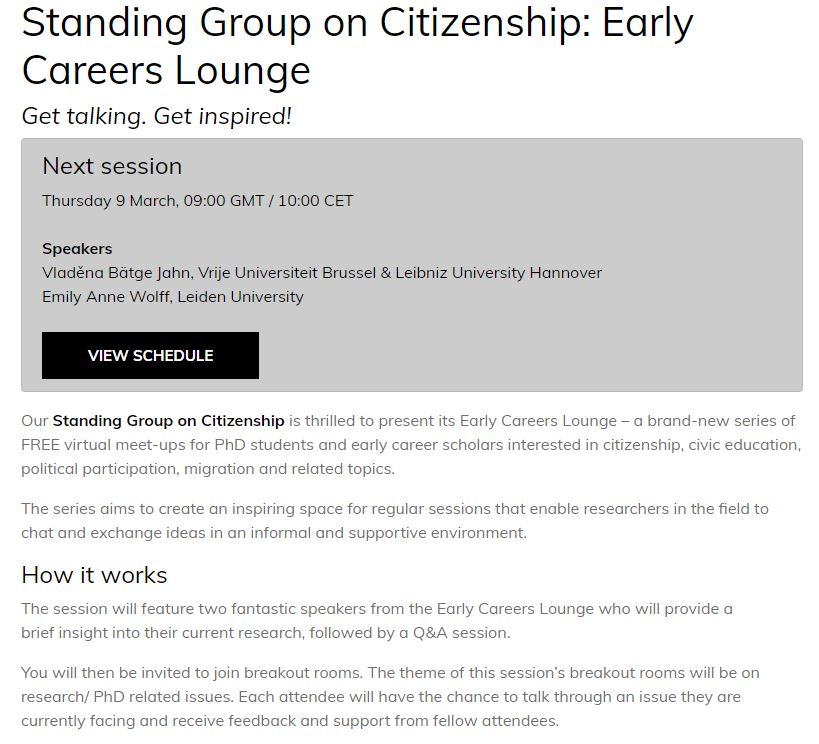Join us on 🗓️ 9th March, 9am (GMT) for our next #citizenship #EarlyCareers Lounge. Hear from our fab speakers <a href="/VladenaBJ/">Vladena Baetge Jahn</a>  and @emilyannewolff and network with fellow PhD students and early career scholars. Sign up here👉ecpr.eu/Events/206  &amp; find more info here👇