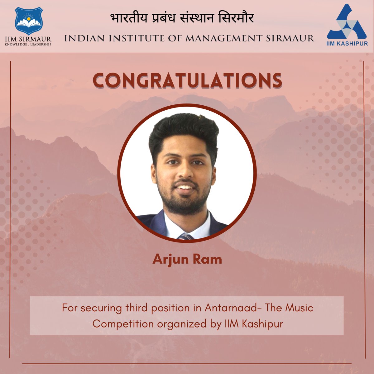 #IlMSirmaur congratulates Arjun Ram for being third in Antarnaad organised by IIM Kashipur.

#achievement #competition #congratulations #iimkashipur