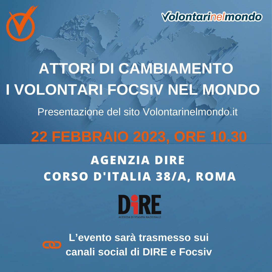 💢 REMINDER 💢 Mercoledì 22 febbraio alle ore 10.30 presso l'Agenzia Dire a Roma avrà luogo la presentazione del sito Volontarinelmondo.it. Un sito unico che offre la possibilità di avere real time informazioni su tutti i progetti internazionali dei Soci di Focsiv? PARTECIPA!