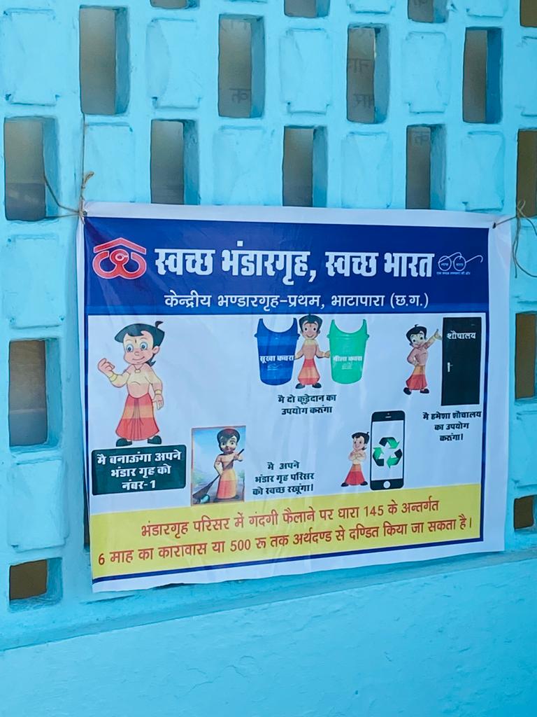 cwc_warehouse's tweet photo. Inauguration of #Swachhta Pakhwada - placing banners at various sites to create awareness - CW - Bhatapara, Bhopal #CWC @Secretary_DFPD 
@PiyushGoyalOffc @fooddeptgoi @DARPG_GoI @CRobhopal https://t.co/TM9nTpFqyA