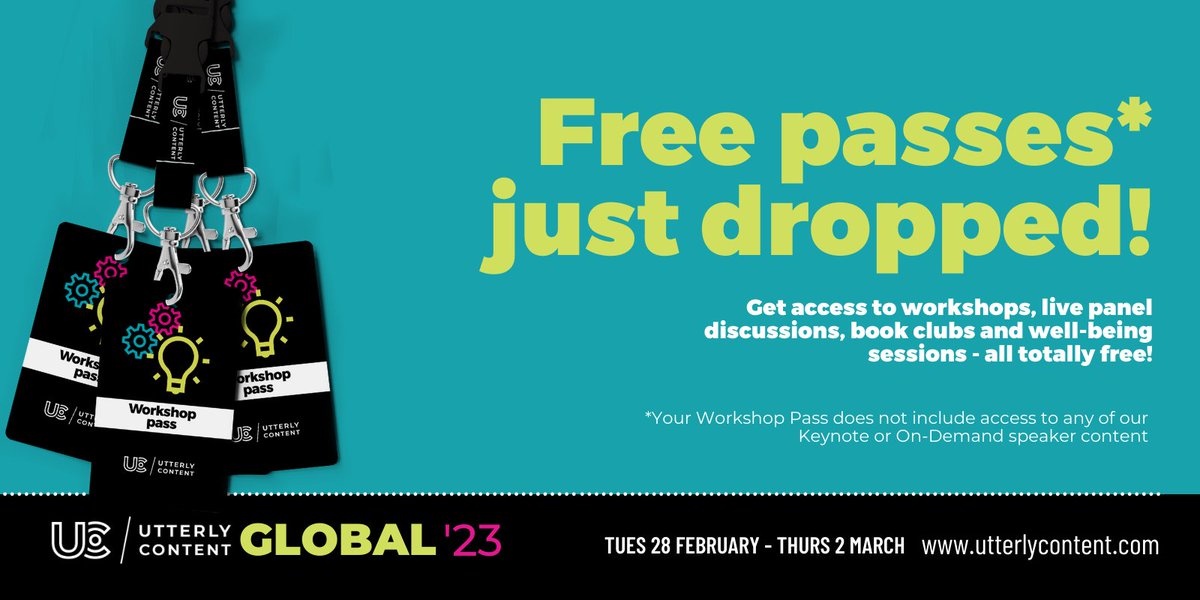 Folks, we've got just over a week to go until Utterly Content Global starts... you can join us for free with a workshop pass!

Get access to:
- Workshops
- Panel Discussions
- Book Clubs
- Well-being sessions

Don't forget to share the word out 🎉
utterlycontent.com/buy-tickets