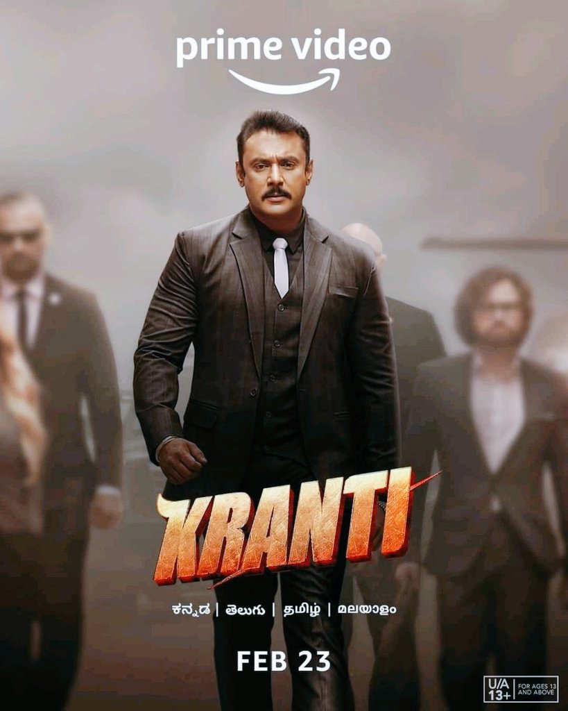#Kranti will be streaming on #PrimeVideo from February 23 in Kannada , Telugu , Tamil , Malayalam