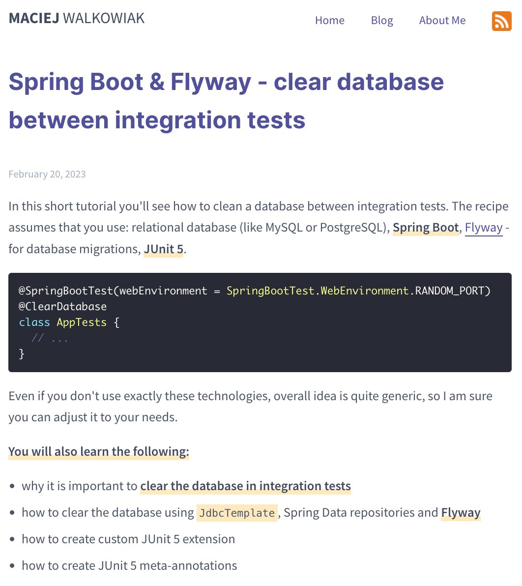 📝 Spring Boot and Flyway - clear database between integration tests

Exploring different approaches with <a href="/springboot/">Spring Boot</a>, @flywaydb and <a href="/junitteam/">JUnit Team 💙💛</a>

👉 maciejwalkowiak.com/blog/spring-bo…
