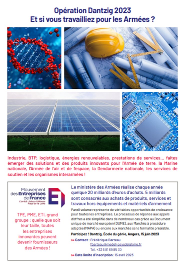 Dantzig 2023 c'est le 15 juin prochain à <a href="/ecolegenie49/">École du génie</a>  
Le @CLD_MEDEF du <a href="/MedefPDL/">Mouvement des Entreprises de France #Paysdelaloire</a> invite les entreprises à exposer leurs produits, process lors de cet évènement. Vous êtes intéressés ? contactez <a href="/FredeBarteau/">Frédérique BARTEAU</a> ou <a href="/AnthonyBouju/">Anthony Bouju</a> le président du CLD Pays de la Loire cc <a href="/Samueltual/">Tual Samuel</a>