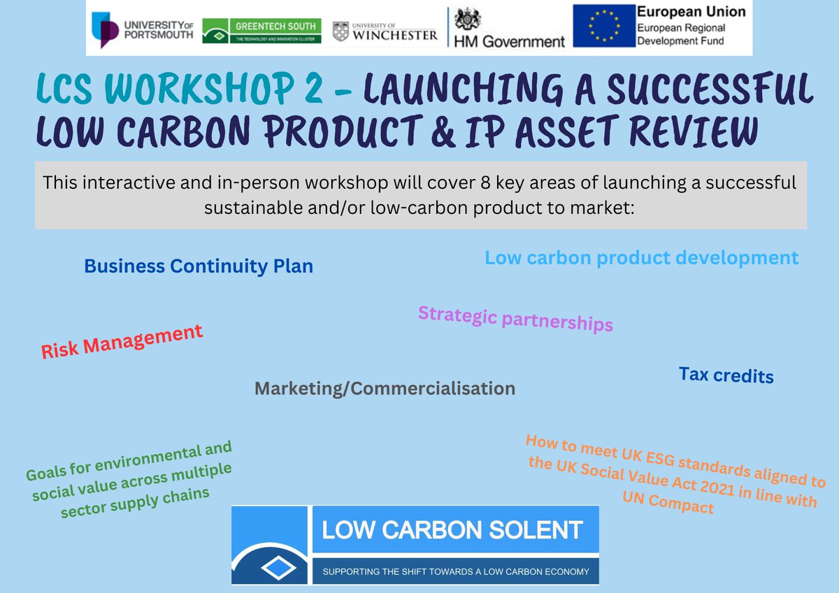 Low Carbon Solent is hosting a calendar of workshops designed to support SMEs to launch their low carbon, sustainable products, continuing with workshop two; hosted by Clive Bonny of Strategic Management Partners. 

14th March- 9:30

More info and tickets: eventbrite.co.uk/e/lcs-workshop…