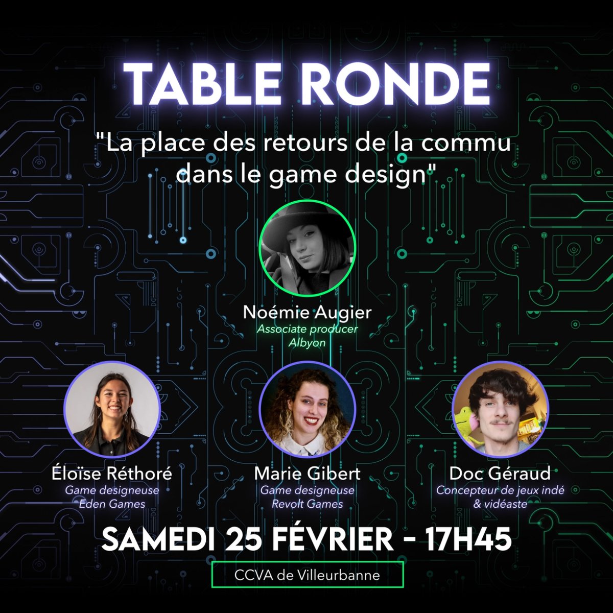 Indie Game Lyon (@indiegamelyon) on Twitter photo 🎤“La place des retours de la commu dans le game design.”
⌚️17h45
Modération Noémie Augier
Avec <a href="/DrGeraud/">Géraud Zucchini</a>, Marie Gibert, Éloïse Réthoré
𝗜𝗻𝗱𝗶𝗲 𝗚𝗮𝗺𝗲 𝗟𝘆𝗼𝗻 #𝟰
📅Samedi 25 février 2023
📌CCVA de Villeurbanne
<a href="/albyon_studio/">Albyon</a> @infos_gg <a href="/rvltgames/">Revolt Games</a> <a href="/EdenGames/">Eden Games</a>
1/3 🎤“La place des retours de la commu dans le game design.”
⌚️17h45
Modération Noémie Augier
Avec <a href="/DrGeraud/">Géraud Zucchini</a>, Marie Gibert, Éloïse Réthoré
𝗜𝗻𝗱𝗶𝗲 𝗚𝗮𝗺𝗲 𝗟𝘆𝗼𝗻 #𝟰
📅Samedi 25 février 2023
📌CCVA de Villeurbanne
<a href="/albyon_studio/">Albyon</a> @infos_gg <a href="/rvltgames/">Revolt Games</a> <a href="/EdenGames/">Eden Games</a>
1/3