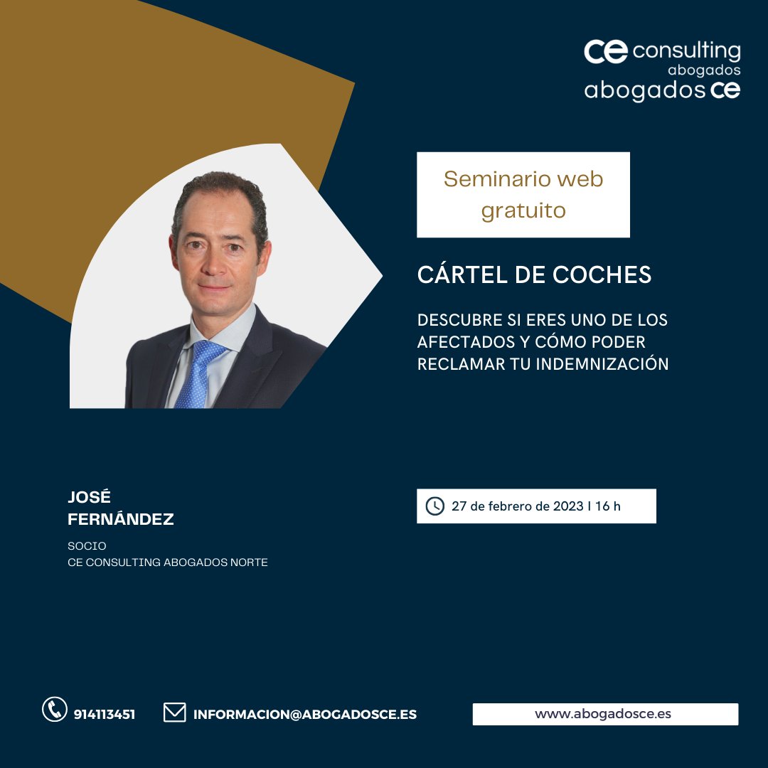 💻 #webinargratuito: Cártel de coches
📝 27 febrero
🕓 16:00 hs
🗣📢 Ponente: José Fernández
🔗 Apúntate: register.gotowebinar.com/register/87322…
¡¡Te esperamos!!
#abogados #abogadosce #ceconsulting #ceconsultingabogados #carteldecoches #indemnización