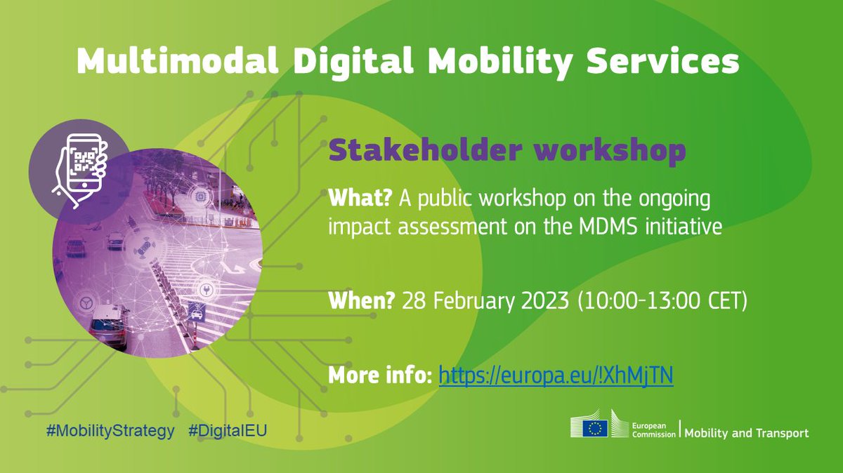 ❓Interested in Multimodal Digital Mobility Services? 

Join the stakeholder workshop on 28/02 from 10:00-13:00 to learn more about the initiative and share your views🗣️

🗓️Register: europa.eu/!XhMjTN

#MobilityStrategy