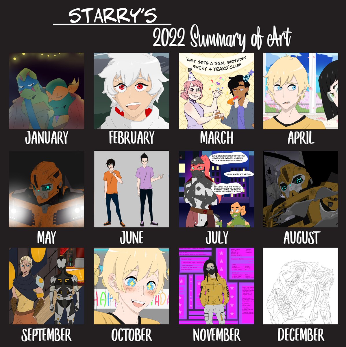 StarredDark's tweet photo. Forgot to showcase my 2022 summary of art. I did SO much and I'm actually really proud of my progress :3

#digitalart #myart #tmnt #rwby #transformers #oc #myoc #selfinsert #halo https://t.co/qIq9Rl7vho