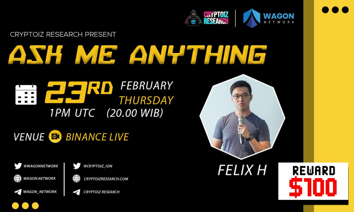 Cryptoiz Research 🇮🇩🇮🇩 (@cryptoiz_idn) on Twitter photo 📍 We're gonna live on Binance with Wagon Network
⏰ Feb 23rd | 12PM UTC (8.00 WIB)
💰 $100 BUSD
📡 binance.com/id/live/edit-l…
〽️Rules:
1️⃣ Follow <a href="/WagonNetwork/">Wagon Network</a> & <a href="/cryptoiz_IDN/">Cryptoiz Research 🇮🇩🇮🇩</a>
2️⃣ Like & RT
3️⃣ Comment Your Question Max 3
#AMA #askmeanything #Giveaways 📍 We're gonna live on Binance with Wagon Network
⏰ Feb 23rd | 12PM UTC (8.00 WIB)
💰 $100 BUSD
📡 binance.com/id/live/edit-l…
〽️Rules:
1️⃣ Follow <a href="/WagonNetwork/">Wagon Network</a> & <a href="/cryptoiz_IDN/">Cryptoiz Research 🇮🇩🇮🇩</a>
2️⃣ Like & RT
3️⃣ Comment Your Question Max 3
#AMA #askmeanything #Giveaways