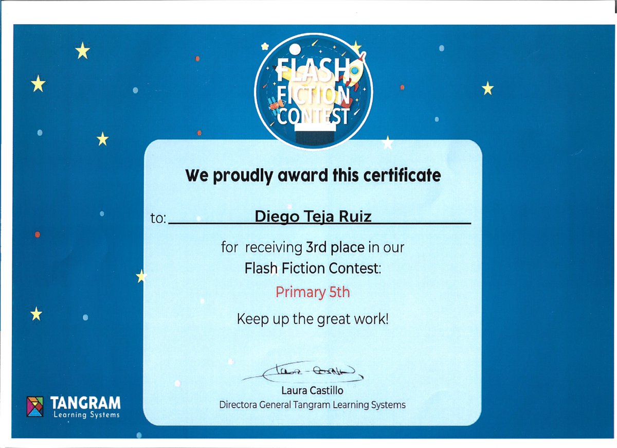 teja_rubio's tweet image. Proud of my son, 3rd place of 5th grade National Flash Fiction Contest from Tangram, with his tale &quot;The Mixed Tournament&quot;. Great job!! Thanks @Tangram_LS and @VMirasierraSSCC #tangramlearningsystems #flashfiction #tangram #amco #textos #premios